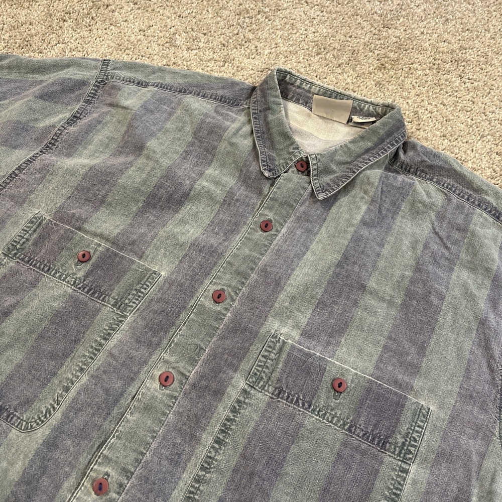 VTG Shah Safari Denim Shirt L Blue Green Striped Short Sleeve Button Up 90s‎